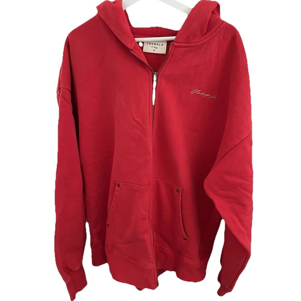 YoungLA 546 Rivet Full Zip-Up Hoodie Sweatshirt Red Size XL Men's